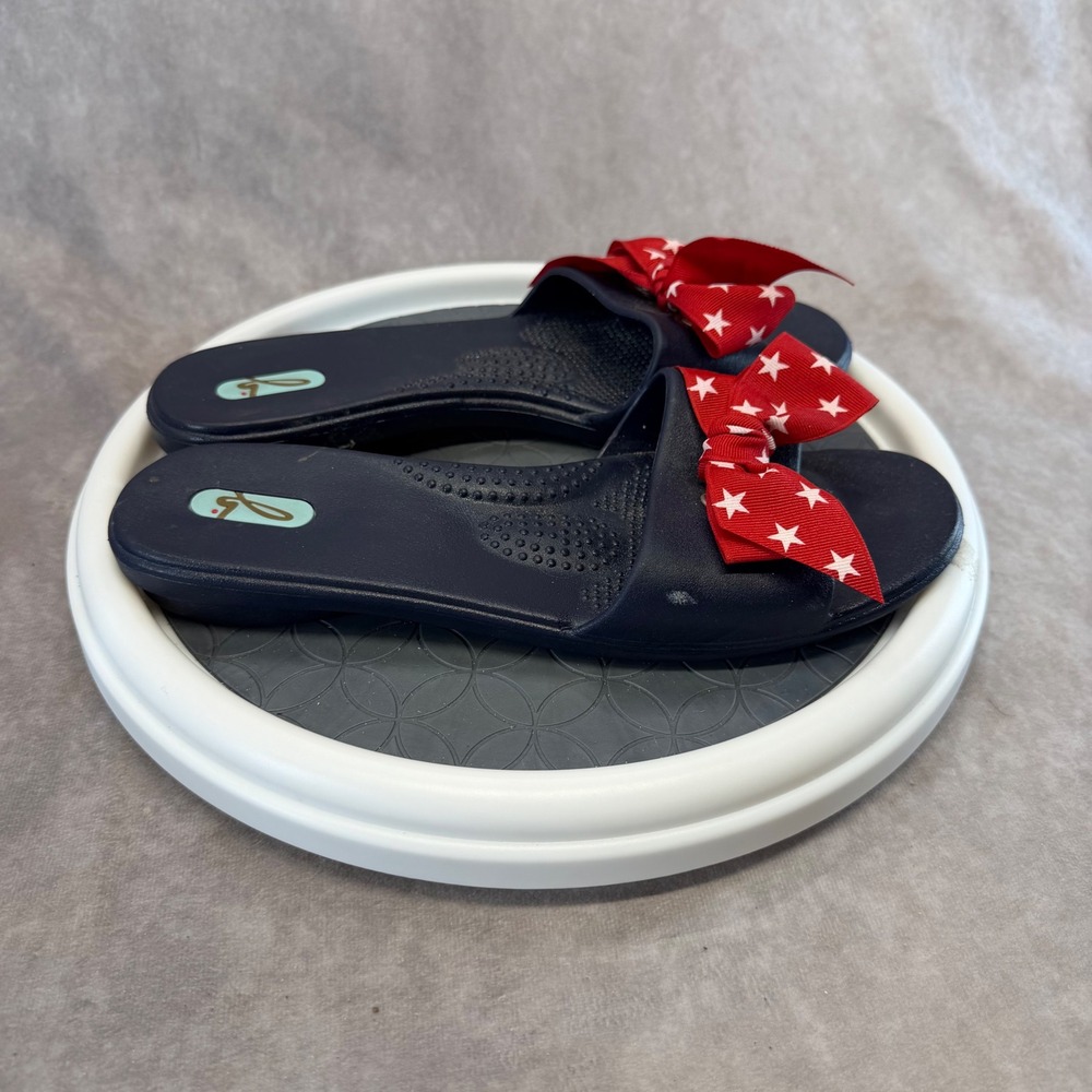 Oka-B Slide Sandals Women ML Navy Blue Red Star Bow Patriotic Made in USA